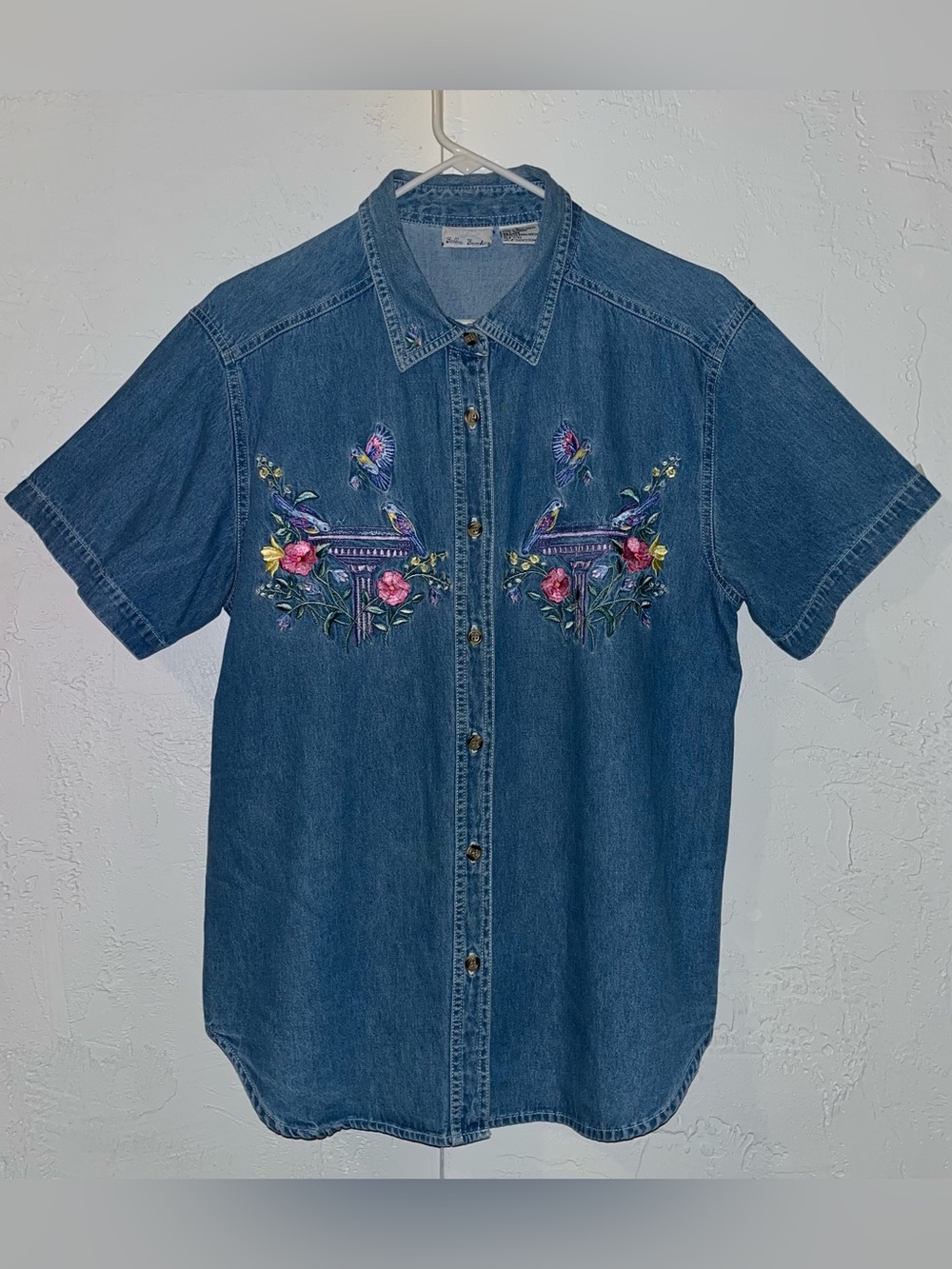 Bobbie Brooks Vintage Blue Denim Shirt with Birdbath, Birds & Flowers